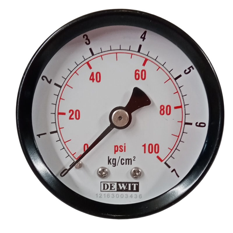 Manometro marca Dewit caratula 2 pulg, presion de 0-7 kg/cm2 (100 PSI), seco, escala dual, conexion posterior de 1/4 pulg NTP en Bronce, exactitud 2