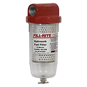 Filtro de combustible con tazon trasparente Marca Fill-Rite de 1 pulg. Inlet/Outlet, 10 Micron, 18 GPM, 120 PSI.