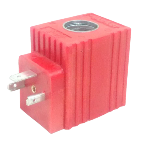 Bobina para valvula hidraulica marca Parker DS 5/8 pulg. D.I; color rojo, conector DIN D, 12VCD, potencia 30W