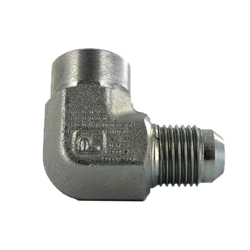 Adaptador codo 90 Parker de Acero Macho JIC 37 Flare de 3/8 pulg. X Hembra NPTF de 1/8 pulg.