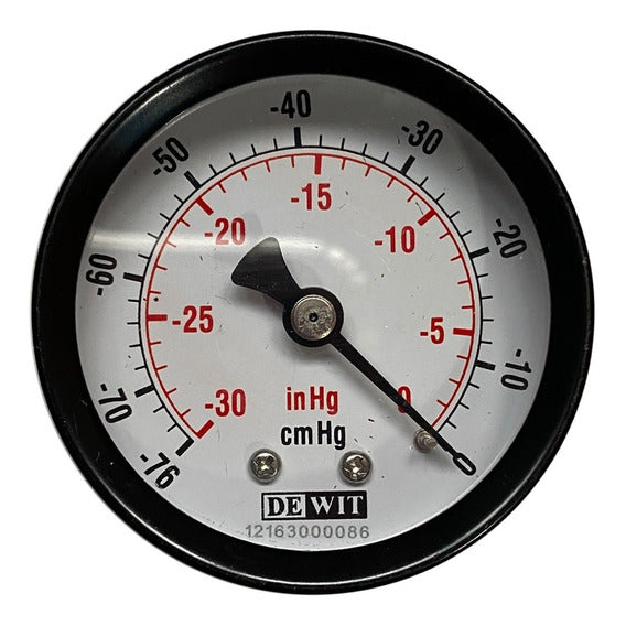 Manovacuometro marca Dewit caratula 2 pulg, presion de -76 a 0 cm/hg (30 inchHg), seco, escala dual, conexion inferior de 1/4 pulg NTP en Bronce, exactitud 2