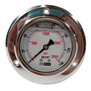 Manometro marca Dewit caratula 2 1/2 pulg, presion de 0-140 kg/cm2 (2000 PSI), con glicerina, escala dual, conexion posterior de 1/4 pulg NTP en Bronce, exactitud 2