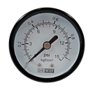 Manometro marca Dewit caratula 2 pulg, presion de 0-1 kg/cm2 (15 PSI), seco, escala dual, conexion posterior de 1/4 pulg NTP en Bronce, exactitud 2