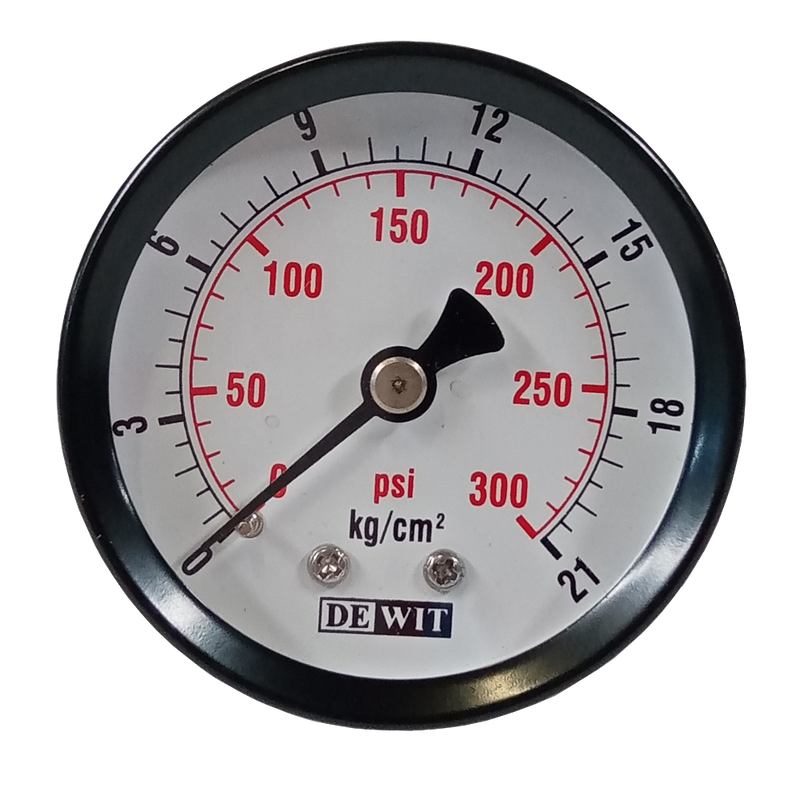 Manometro marca Dewit caratula 2 pulg, presion de 0-21 kg/cm2 (300 PSI), seco, escala dual, conexion posterior de 1/4 pulg NTP en Bronce, exactitud 2