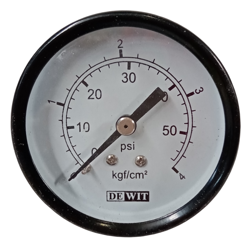 Manometro marca Dewit caratula 2 pulg, presion de 0-4 kg/cm2 (60 PSI), seco, escala dual, conexion posterior de 1/4 pulg NTP en Bronce, exactitud 2