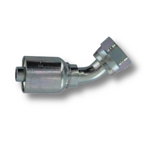 Conexion Crimpable Codo 45 Hembra BSP de 1/4 pulg. x 1/4 pulg. ID Manguera, Parker, Serie 43, Acero