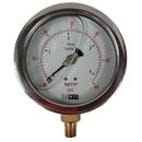 Manometro marca Dewit caratula 4 pulg, presion de 0-4 kg/cm2 (60 PSI), con glicerina, escala dual, conexion inferior de 1/4 pulg NTP en Bronce, exactitud 1