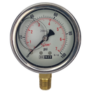 Manometro marca Dewit caratula 2 1/2 pulg, presion de 0-7 kg/cm2 (100 PSI), con glicerina, escala dual, conexion inferior de 1/4 pulg NTP en Bronce, exactitud 1