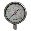 Manometro marca Dewit caratula 4 pulg, presion de 0-14 kg/cm2 (200 PSI), con glicerina, escala dual, conexion inferior de 1/2 pulg NTP en Acero Inox, exactitud 1 (2000SSV-100-14)