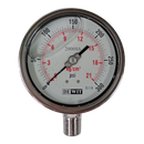 Manometro marca Dewit caratula 4 pulg, presion de 0-21 kg/cm2 (300 PSI), con glicerina, escala dual, conexion inferior de 1/2 pulg NTP en Acero Inox, exactitud 1.