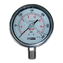 Manometro marca Dewit caratula 4 pulg, presion de 0-21 kg/cm2 (300 PSI), con glicerina, escala dual, conexion inferior de 1/4 pulg NTP en Acero Inox, exactitud 1