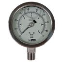 Manometro marca Dewit caratula 4 pulg, presion de 0-6 bar (87 PSI), con glicerina, escala dual, conexion inferior de 1/2 pulg NTP en Acero Inox, exactitud 1