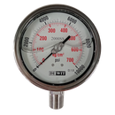 Manometro marca Dewit caratula 4 pulg, presion de 0-700 kg/cm2 (10000 PSI), con glicerina, escala dual, conexion inferior de 1/2 pulg NTP en Acero Inox, exactitud 1