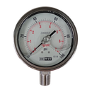 Manometro marca Dewit caratula 4 pulg, presion de 0-7 kg/cm2 (100 PSI), con glicerina, escala dual, conexion inferior de 1/2 pulg NTP en Acero Inox, exactitud 1 (2000SSV-100-7)