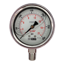 Manometro marca Dewit caratula 2 1/2 pulg, presion de 0-21 kg/cm2 (300 PSI), con glicerina, escala dual, conexion inferior de 1/4 pulg NTP en Acero Inox, exactitud 1