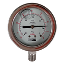 Manovacuometro marca Dewit caratula 2 1/2 pulg, presion de -76 a 0 cm/hg (-30 a in/hg), con glicerina, escala dual, conexion inferior de 1/4 pulg NTP en Acero Inox, exactitud 1