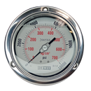 Manometro marca Dewit caratula 4 pulg,  presion de 0-700 kg/cm2 (10000 PSI), con glicerina, escala dual, conexion posterior de 1/2 pulg NTP en Acero Inox, exactitud 1%