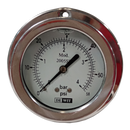 Manometro marca Dewit caratula 2 1/2 pulg, presion de 0-4 bar (58 PSI), con glicerina, escala dual, conexion posterior de 1/4 pulg NTP en Acero Inox, exactitud 1.6