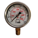 Manometro marca Dewit caratula 2 1/2 pulg, presion de 0-210 kg/cm2 (3000 PSI), con glicerina, escala dual, conexion inferior de 1/4 pulg NTP en Bronce, exactitud 2