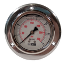 Manometro marca Dewit caratula 2 1/2 pulg, presion de 0-21 kg/cm2 (300 PSI), con glicerina, escala dual, conexion posterior de 1/4 pulg NTP en Bronce, exactitud 2