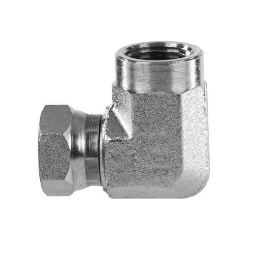 Adaptador codo 90 Parker de Acero Hembra Giratoria NPT de 1/2 pulg. X Hembra NPS de 1/2 pulg.