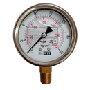 Manometro marca Dewit caratula 4 pulg, presion de 0-21 kg/cm2 (300 PSI), con glicerina, escala dual, conexion inferior de 1/4 pulg NTP en Bronce, exactitud 2
