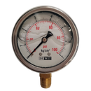 Manometro marca Dewit caratula 4 pulg, presion de 0-7 kg/cm2 (100 PSI), con glicerina, escala dual, conexion inferior de 1/4 pulg NTP en Bronce, exactitud 2