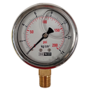 Manometro marca Dewit caratula 2 1/2 pulg, presion de 0-14 kg/cm2 (200 PSI), con glicerina, escala dual, conexion inferior de 1/4 pulg NTP en Bronce, exactitud 2