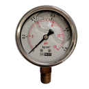 Manometro marca Dewit caratula 2 1/2 pulg, presion de 0-1 kg/cm2 (15 PSI), con glicerina, escala dual, conexion inferior de 1/4 pulg NTP en Bronce, exactitud 2