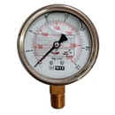 Manometro marca Dewit caratula 2 1/2 pulg, presion de 0-21 kg/cm2 (300 PSI), con glicerina, escala dual, conexion inferior de 1/4 pulg NTP en Bronce, exactitud 2