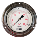 Manometro marca Dewit caratula 4 pulg, presion de 0-2 kg/cm2 (30 PSI), con glicerina, escala dual, conexion posterior de 1/4 pulg NTP en Bronce, exactitud 2