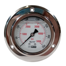 Manometro marca Dewit caratula 2 1/2 pulg, presion de 0-350 kg/cm2 (5000 PSI), con glicerina, escala dual, conexion posterior de 1/4 pulg NTP en Bronce, exactitud 2