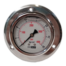 Manometro marca Dewit caratula 2 1/2 pulg, presion de 0-28 kg/cm2 (400 PSI), con glicerina, escala dual, conexion posterior de 1/4 pulg NTP en Bronce, exactitud 2