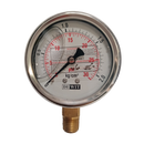 Manometro marca Dewit caratula 4 pulg, presion de 0-2 kg/cm2 (30 PSI) , con glicerina, escala dual, conexion inferior de 1/4 pulg NTP en Bronce, exactitud 2