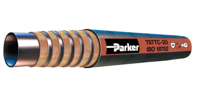 Manguera Hidraulica Parker de 1 1/4 pulg. a 5000 PSI, Extrema Presion, Fluidos Hid/Aceites, Caucho/Cuatro espirales, Serie 77