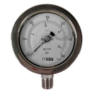 Manometro marca Dewit caratula 4 pulg, presion de 0-21 kg/cm2 (300 PSI), con glicerina, escala dual, conexion inferior de 1/2 pulg NTP en Acero Inox, exactitud 1