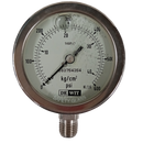 Manometro marca Dewit caratula 2 1/2 pulg, presion de 0-42 kg/cm2 (600 PSI), con glicerina, escala dual, conexion inferior de 1/4 pulg NTP en Acero Inox, exactitud 1.6