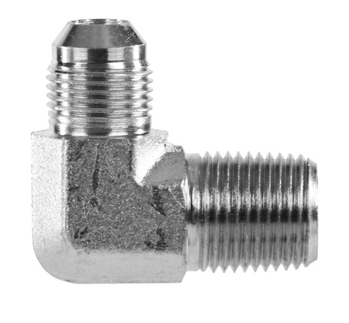 Adaptador codo 90 Parker de Acero Inox. Macho JIC 37 Flare de 3/8 pulg. X Macho NPT de 3/8 pulg.