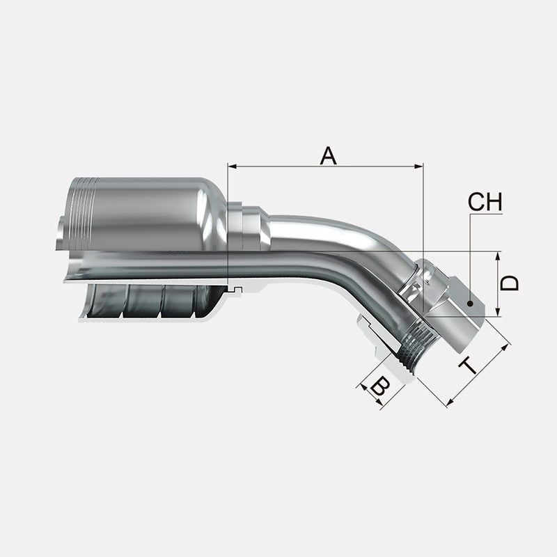 Conexion Crimpable Codo 45 Hembra Giratoria cara plana de 3/4 pulg. x 3/4 pulg. ID Manguera, Covalca, serie FJ, Acero (1J771-12-12-CV)