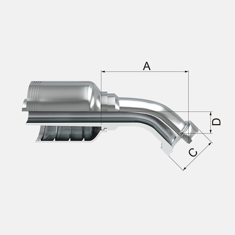 Conexion Crimpable Codo 45 Brida cod 62 de 3/4 pulg. x 3/4 pulg. ID Manguera, Covalca, serie FJ, Acero (16F71-12-12-I)