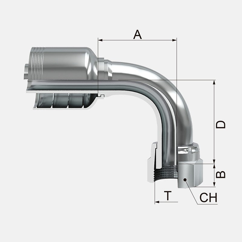 Conexion Crimpable Codo 90 Hembra Giratoria cara plana de 1 pulg. x 1 pulg. ID Manguera, Covalca, serie FJ, Acero (1J971-16-16-I)