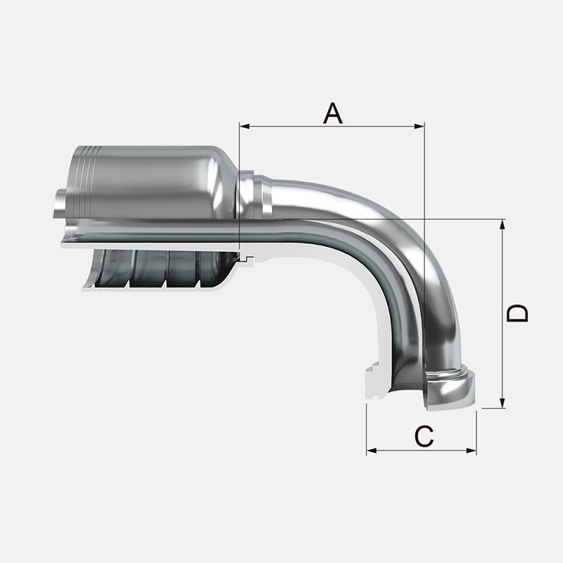 Conexion Crimpable Codo 90 Brida Caterpillar de 1 pulg. x 1 pulg. ID Manguera, Covalca, serie FJ, Acero (1XN71-16-16-CV)