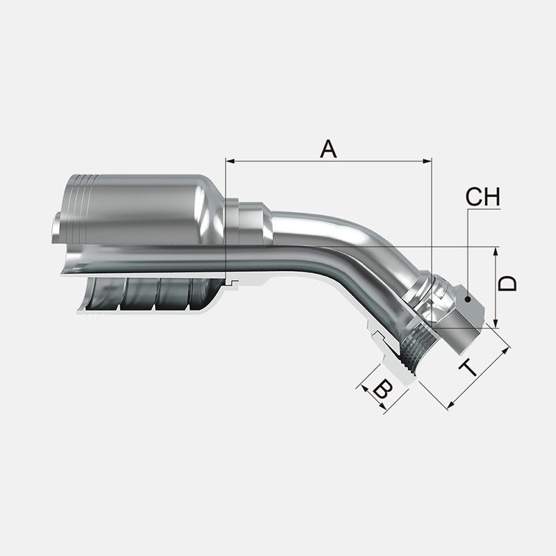 Conexion Crimpable Codo 45 Hembra JIC 37 Flare de 1 1/4 pulg. x 1 1/4 pulg. ID Manguera, Covalca, serie FJ, Acero (13771-20-20-I)