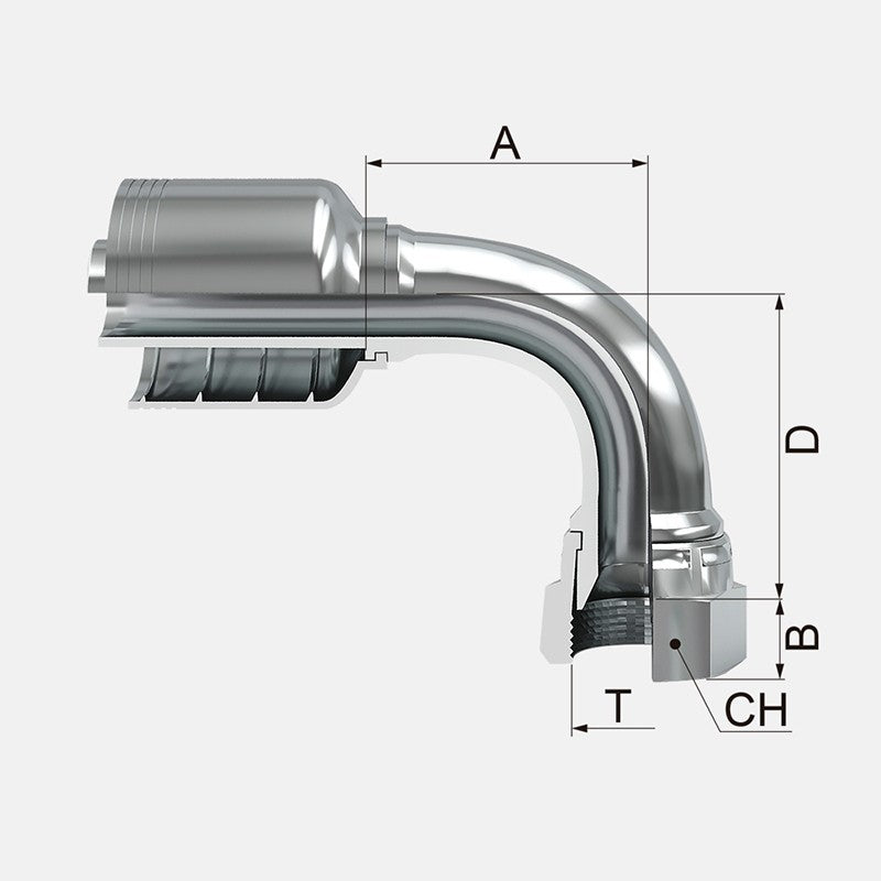 Conexion Crimpable Codo 90 Hembra JIC 37 Flare de 1 1/4 pulg. x 1 1/4 pulg. ID Manguera, Covalca, serie FJ, Acero (13971-20-20-I)