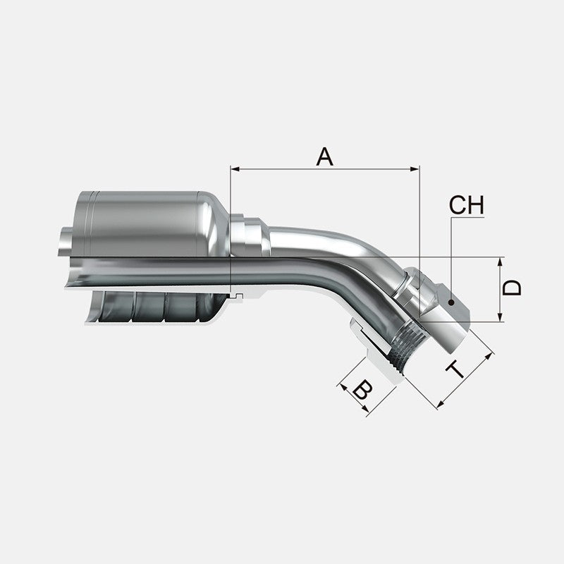 Conexion Crimpable Codo 45 Hembra Giratoria cara plana de 1/4 pulg. x 1/4 pulg. ID Manguera, Covalca, serie FK, Acero (1J743-4-4-CV)