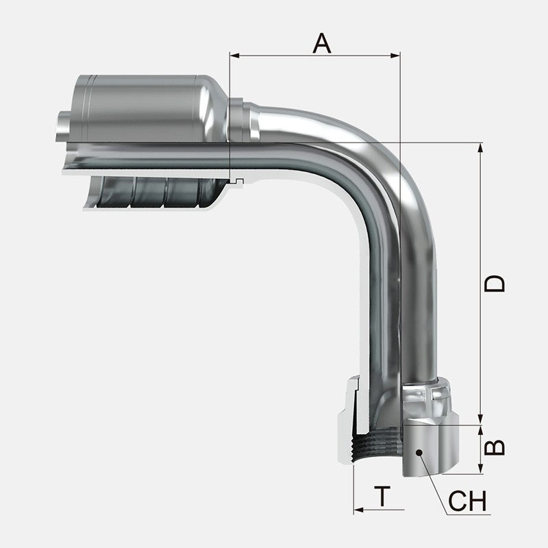 Conexion Crimpable Codo 90 largo Hembra Giratoria cara plana de 1/4 pulg. x 1/4 pulg. ID Manguera, Covalca, serie FK, Acero (1J143-4-4-I)
