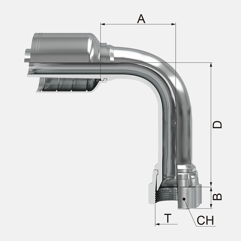 Conexion Crimpable Codo 90 largo Hembra Giratoria JIC 37 Flare de 3/8 pulg. x 3/8 pulg. ID Manguera, Covalca, serie FK, Acero (14143-6-6-I)