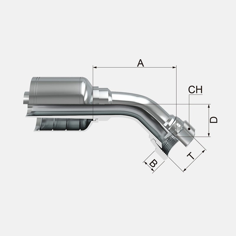 Conexion Crimpable Codo 45 Hembra Giratoria JIC 37 Flare de 3/4 pulg. x 3/4 pulg. ID Manguera, Covalca, serie FK, Acero (13743-12-12-I)