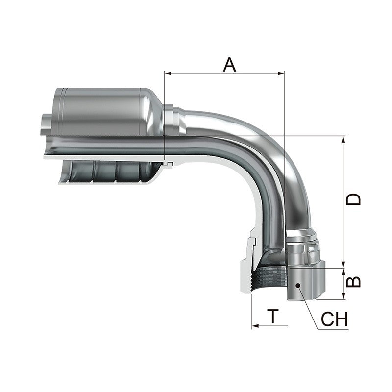 Conexion Crimpable Codo 90 Hembra Giratoria JIC 37 Flare de 3/4 pulg. x 3/4 pulg. ID Manguera, Covalca, serie FK, Acero (13943-12-12-I)