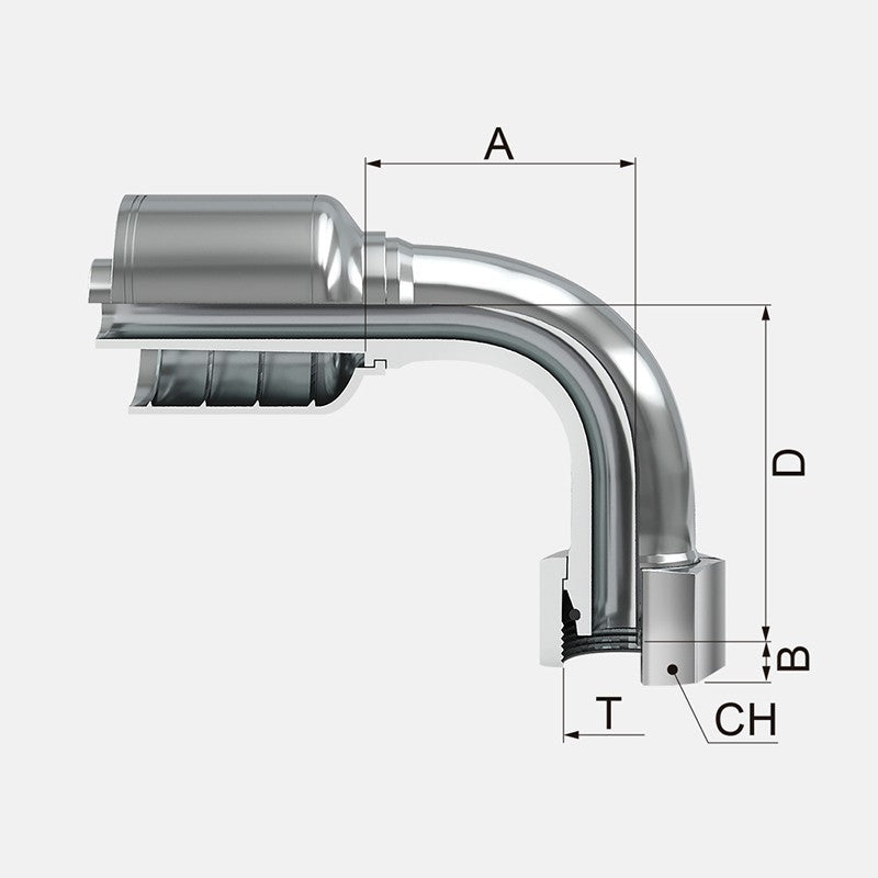 Conexion Crimpable Codo 90 Hembra Giratoria Metrica asiento 24 de 1 7/8 pulg. (M30x2) x 3/4 pulg. ID Manguera, Covalca, serie FK, Acero (1CF43-22-12-I)